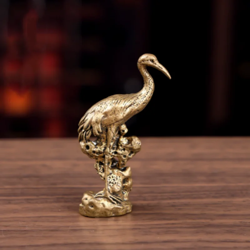 Retro Brass Chinese mini Crane Figurine, Zen Tea Table Pet Ornament, Meditation Shelf Decor & Collectible Handicraft