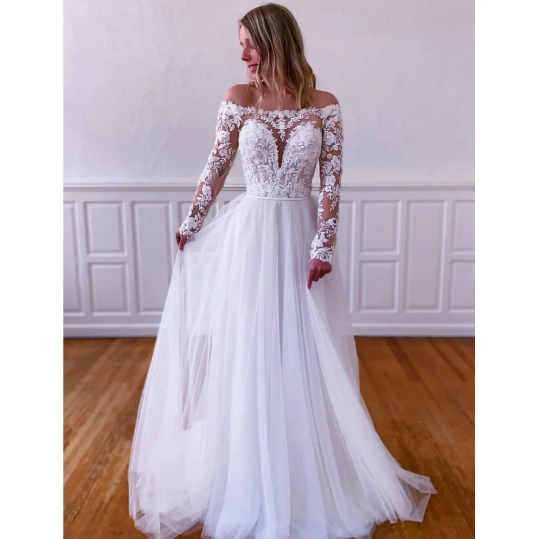 

White Long Sleeves Wedding Dresses Lace Appliqued Vestido de Novia Boho Wedding Party Dress Elegant Vestidos Customized