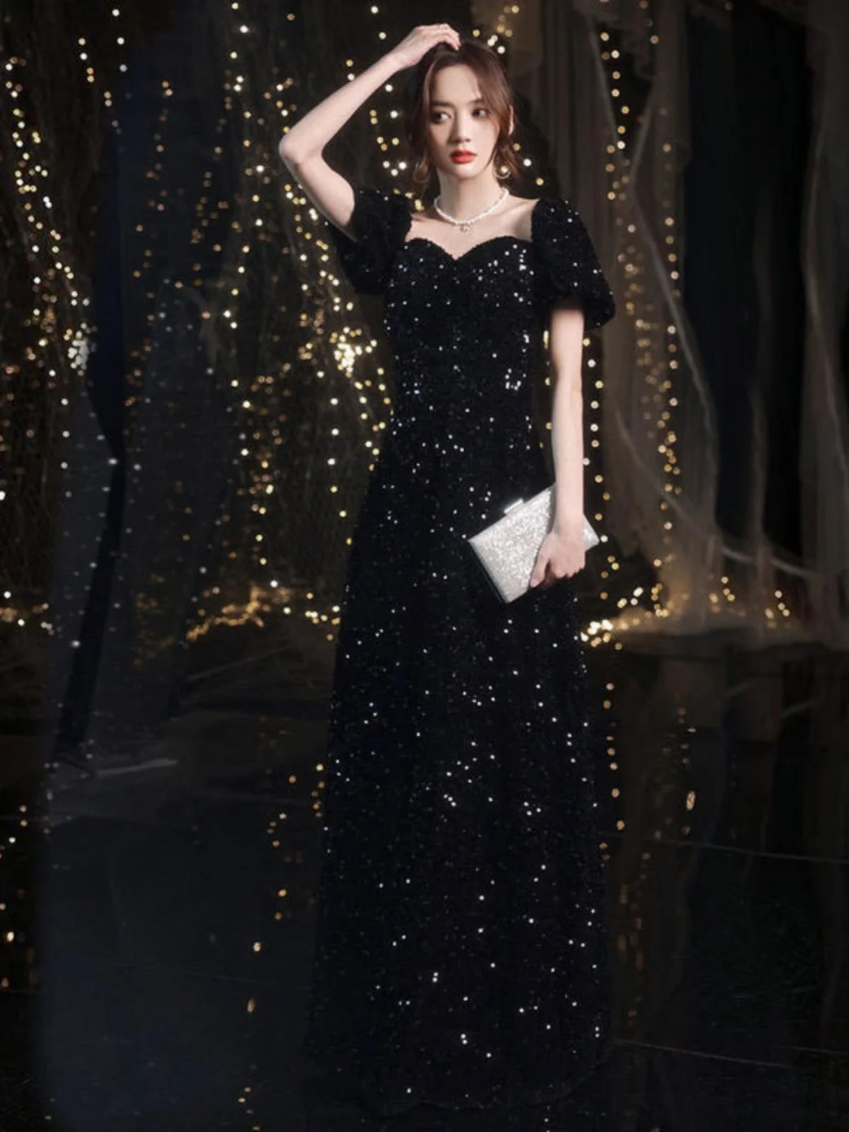 Ele Bla Sequin Evening Dr Women's Ball Host Performance Outfit High Waist A-Line Skirt ort Sve One-oulder