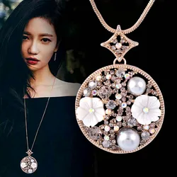 SINLEERY White Shell Flower Grey Pearls Round Pendant Long Necklace Black Gold Color Chain Women Vintage Jewelry MY397