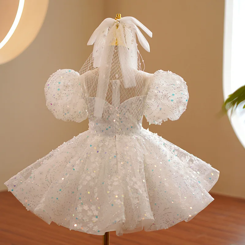 Children's Dress White Puffy Tulle High-End Fashion Show Birthday Princess Dress Stylish Girl Princess Dress Piano Performance C