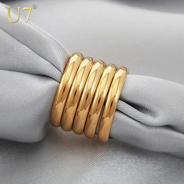 U7 5pcs/set Stackable Multiple Layers Ring Set for Women Men Unisex Jewelry Gold Color Classic Band Wedding Rings