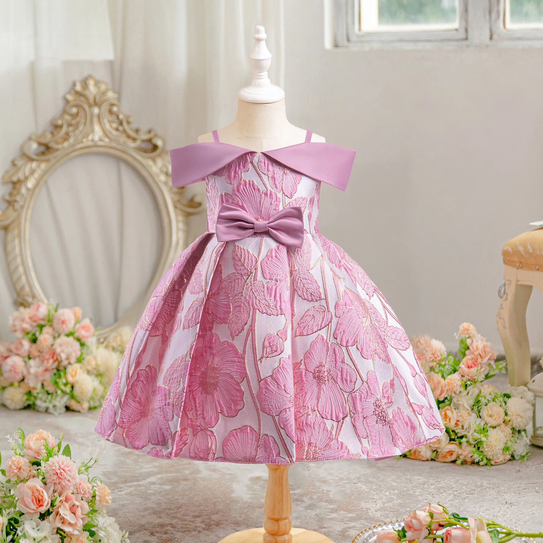 2024 New Elegant Casual Flower Printed Wedding Birthday Party Dresses For Girls Big Bow Princess Dress For Kids 3 5 6 10 Years