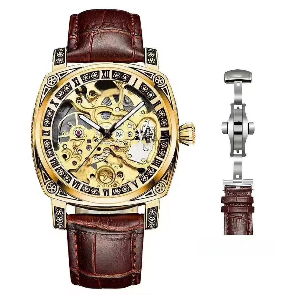 

Новые мужские часы с рельефом из нержавеющей стали, полностью автоматические механические часы, благородные роскошные мужские часы в стиле ретро, простой мужской подарок