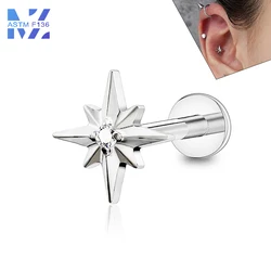 F136 Titanium Ear Bone Studs Hexagonal Star with Zirconia Inner Thread 16G Earrings Sparkling Lip Studs Body Piercing Jewelry