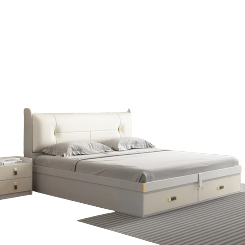 Loft White Double Bed Simple Headrest Drawers Modern Floor Double Bed Queen Luxury Sleeping Letto Matrimoniale Bedroom Furniture