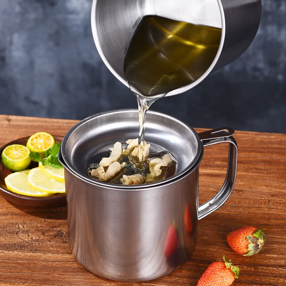 

Stainless Steel Oil Storage Pot Fine Mesh Strainer Kitchen Grease Container Bacon Fat Holder Ghee Jar Oil Jug Cooking