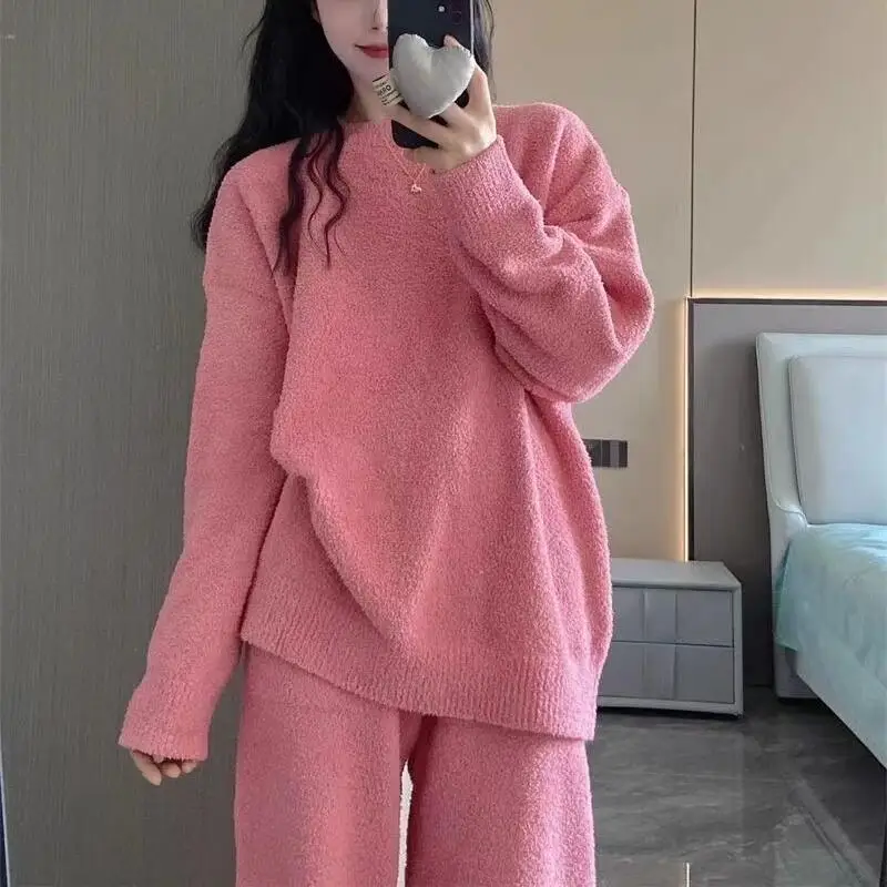 Conjuntos de pijamas de lana Coral para chica joven, ropa de ocio holgada y dulce de princesa con cuello redondo, ropa de hogar de terciopelo para otoño e invierno