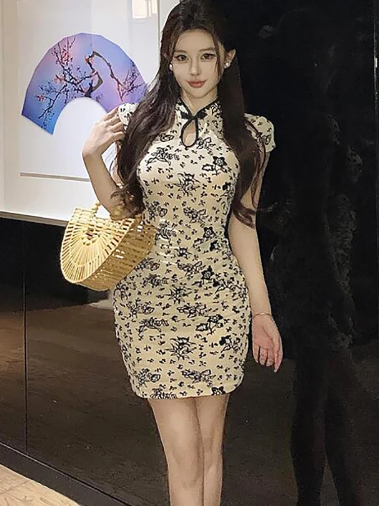 

Flocking Floral Short Sleeve Stand Collar Women's Dress Spring Summer Elegant Casual Home Dress 2026 Korean Bodycon Party Dress
