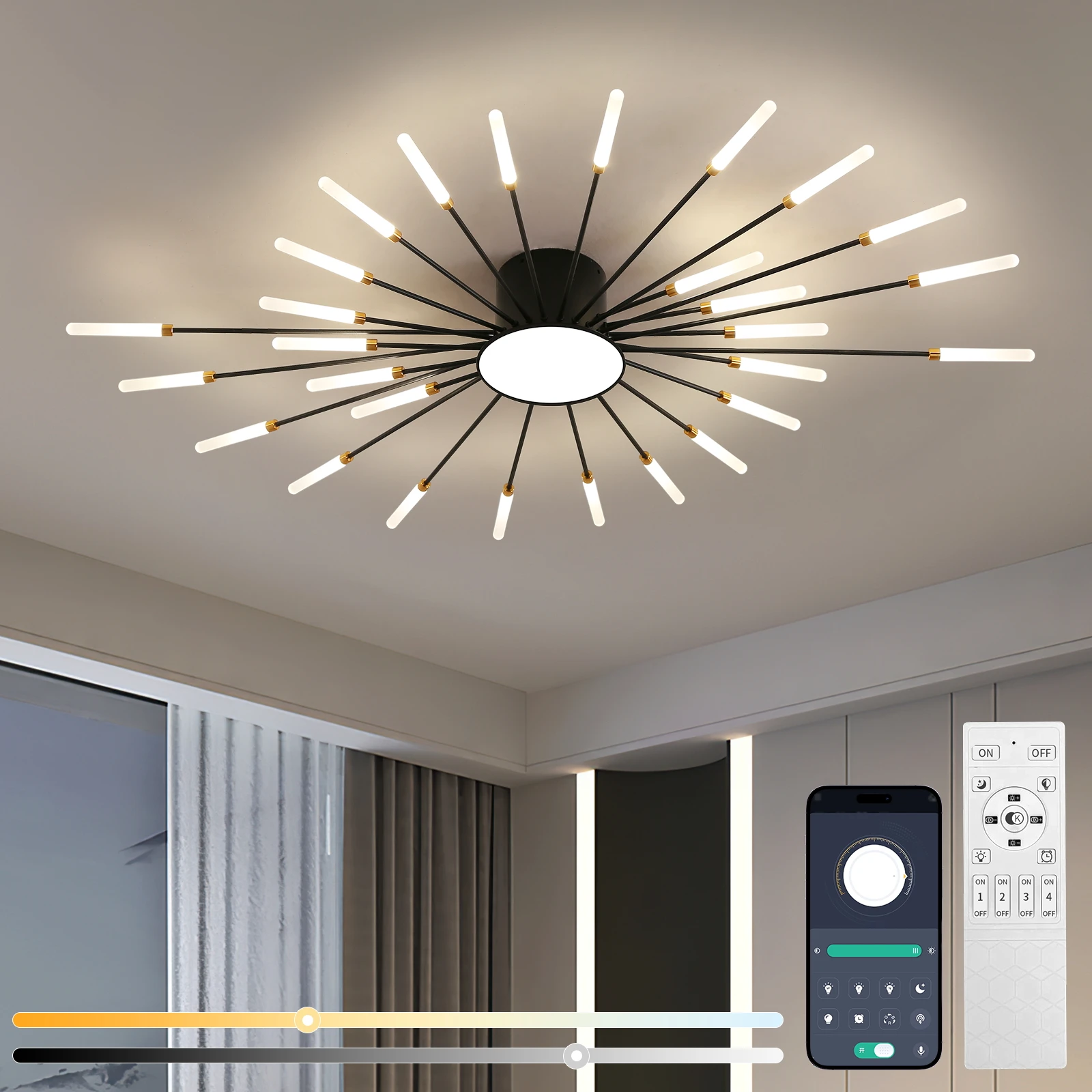 

3-Color Stepless Dimmable LED Chandelier: Modern Firework-shaped Ceiling Lamp for Living Room,Dining Room&Bedroom (28+1 Lights)