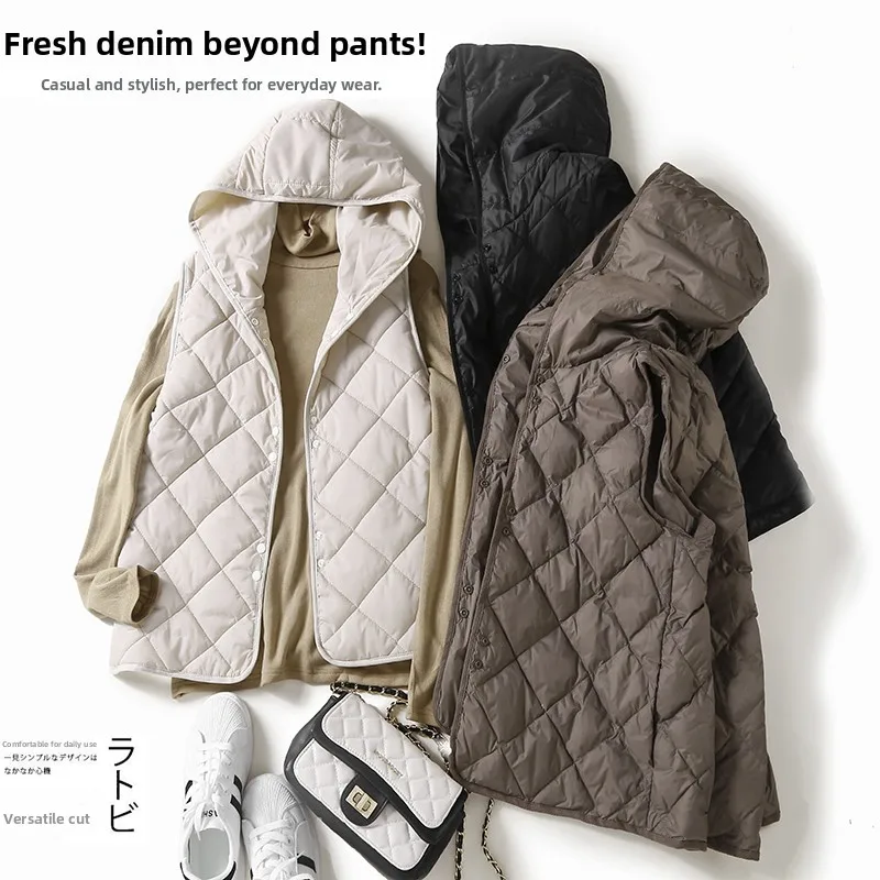 

Легкий теплый хлопковый жилет на пуху, женский жакет с ромбовидным узором, пальто с капюшоном, накладка на плечо, хлопок обычной длины