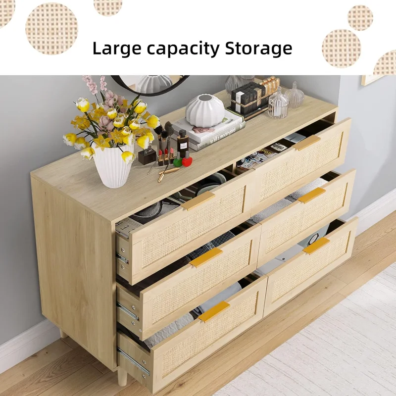 6 ลิ้นชัก Dresser หวาย Dresser โมเดิร์นหน้าอกลิ้นชัก,ไม้ Closet Dressers ลิ้นชักสําหรับห้องนอน,ห้องนั่งเล่น,
