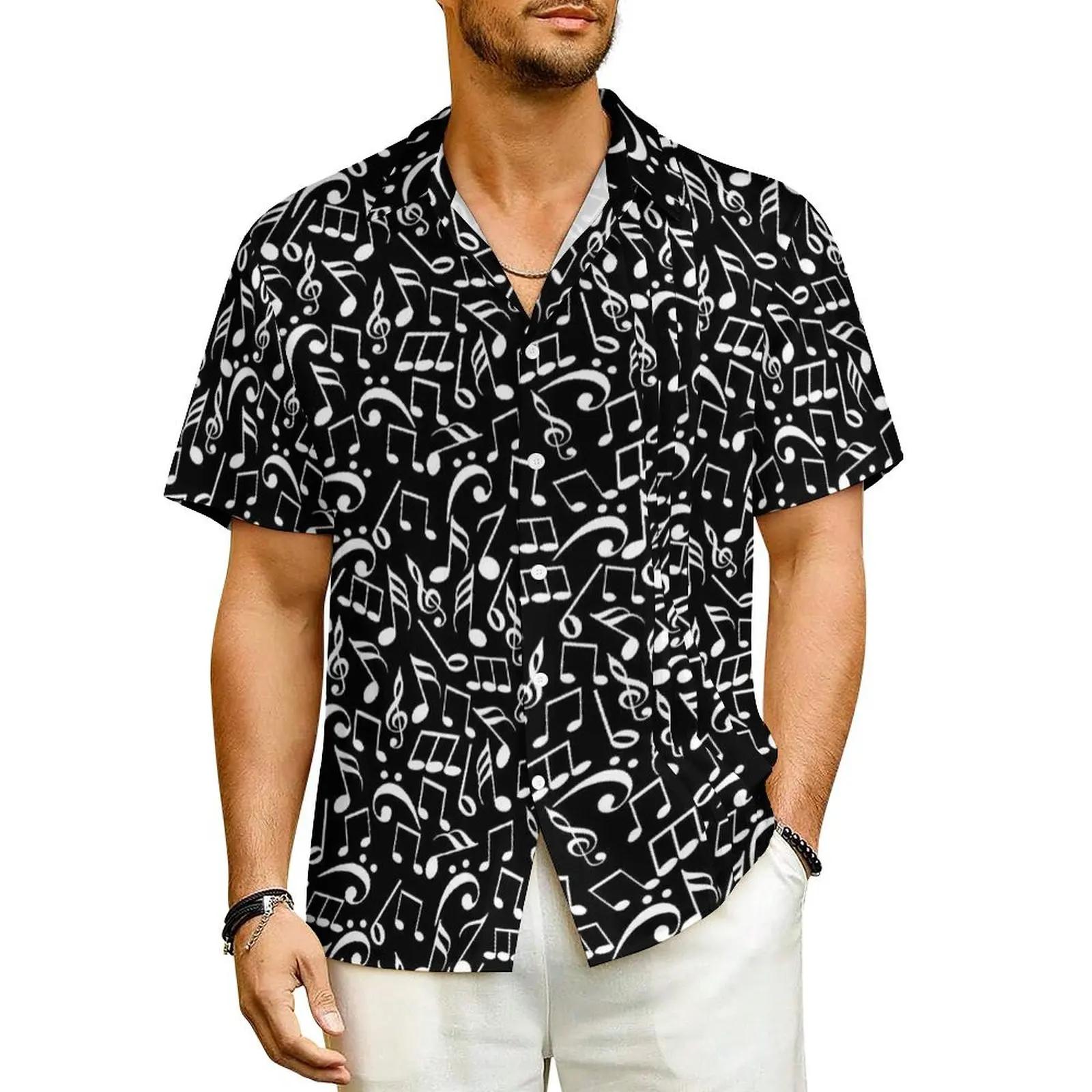 

Music Notes Vacation Shirt Black and White Hawaii Casual Shirts Men Novelty Blouses Short-Sleeved Y2K Street Custom Tops