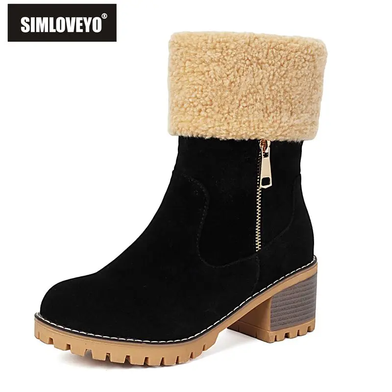 

SIMLOVEYO 2025 модные женские зимние ботинки с круглым носком, 6 см, блочный каблук, молния, флоковая замша, до середины икры, большие размеры 42 44, бежевый