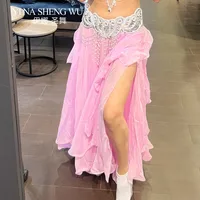 Falda de danza del vientre de gasa con hoja rizada, falda con orejas con doble hendidura, falda de baile con abertura larga, falda española para práctica de rendimiento para mujeres adultas