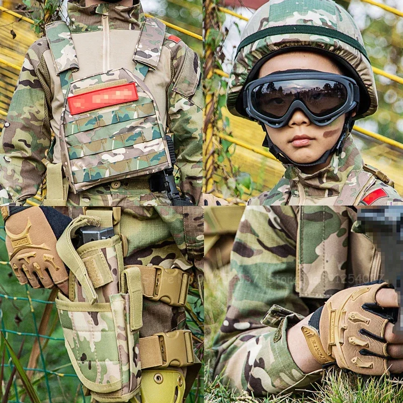 Children Tactical Camouflage Suit Special Forces Combat Uniform Kids Outdoor Military Training Vest Gloves Knee Pads Goggles MN8