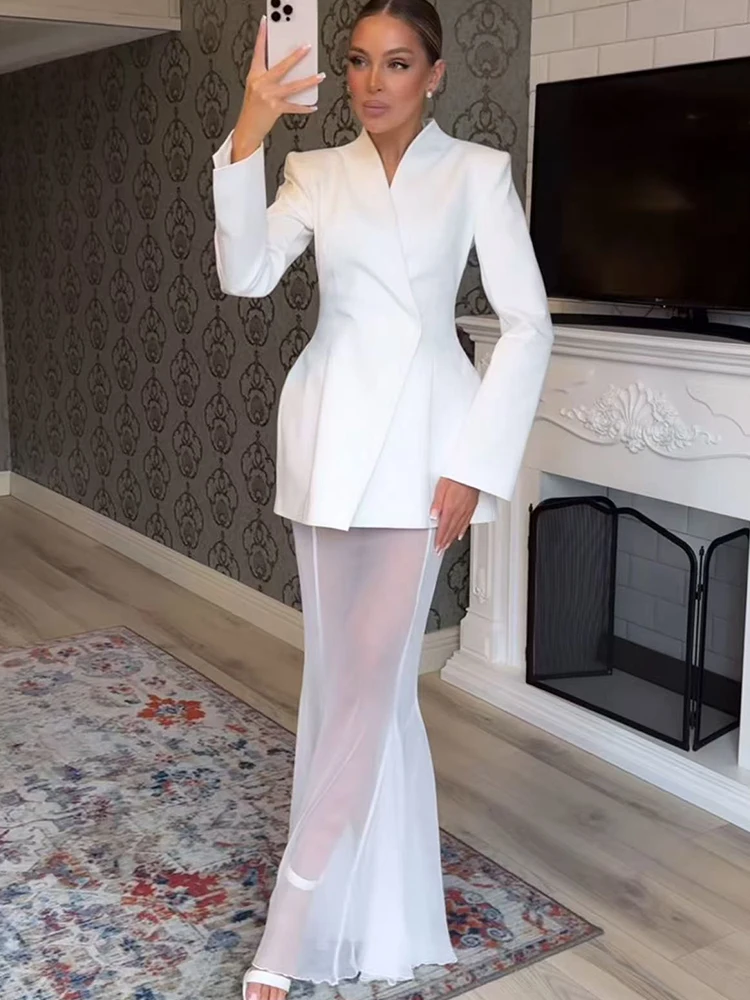 

Ретро однотонный длинный костюм с длинными рукавами и талией, куртка, осенний новый комплект из двух частей, газовая юбка «рыбий хвост», темпераментный женский костюм