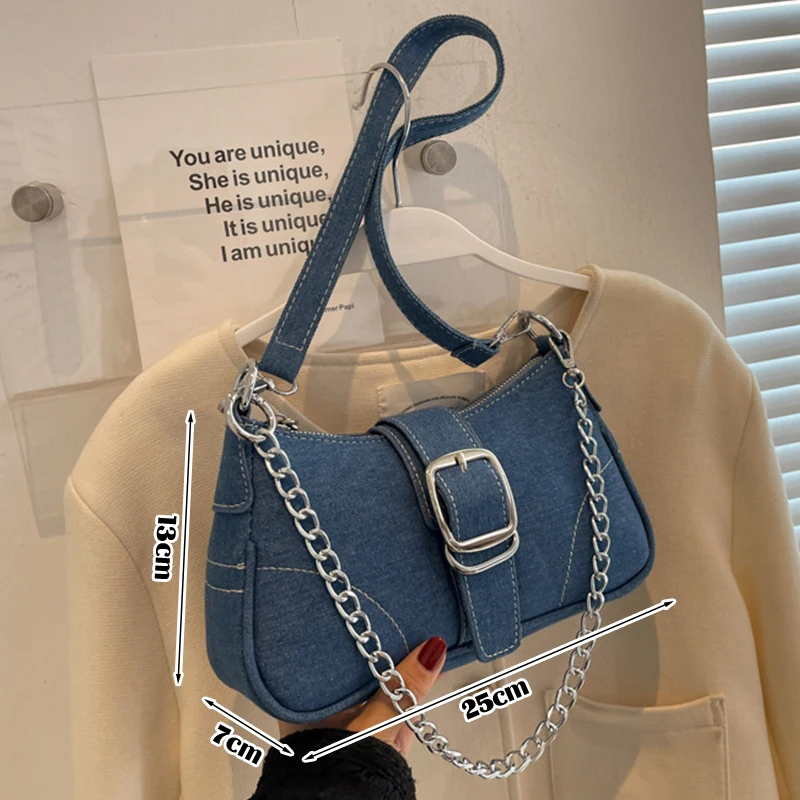 Mode Denim Onderarmtas Handtassen Voor Dames 2024 Designer Luxe Schoudertassen Y 2K Vrouwelijke Kleine Kettingen Merk Crossbody Tassen