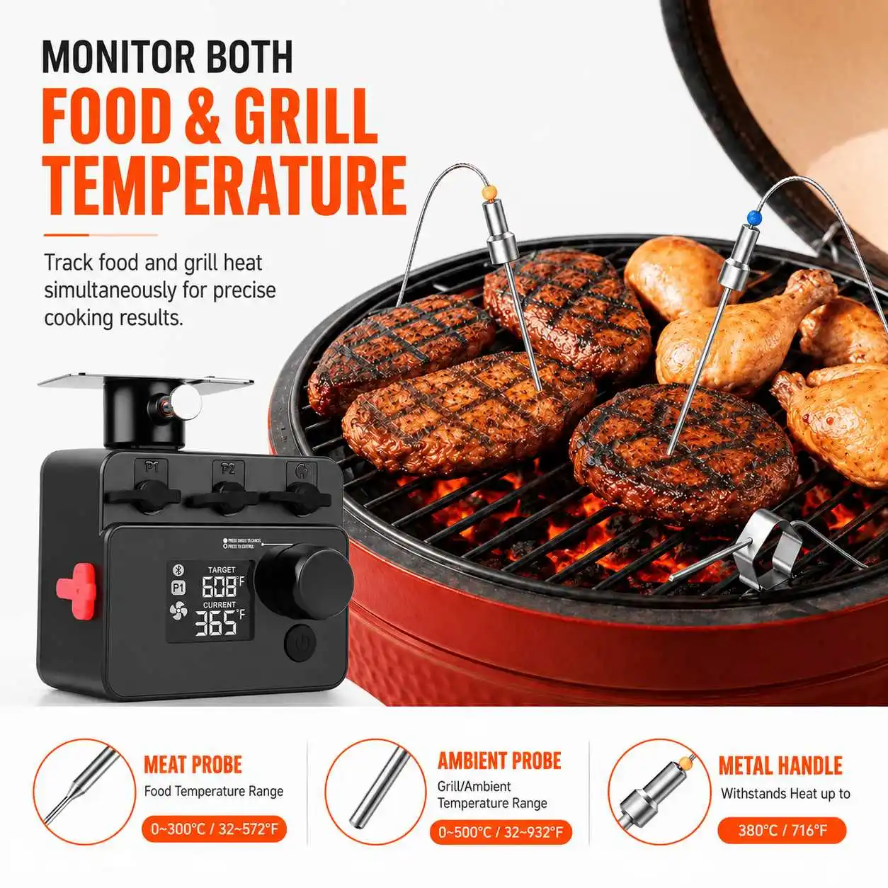 Wireless Bluetooth Meat Thermometer PID BBQ Fan Controller Temperature Control Probe for Smoker Kamado Oven