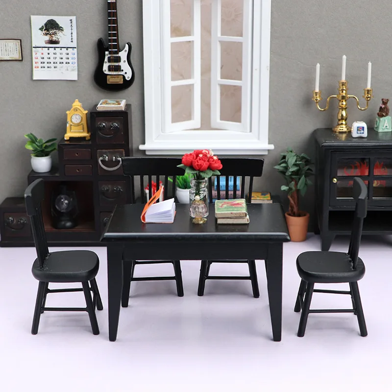 1:12 Poppenhuis Restaurant Micro-scène Model Speelgoed Miniatuur Eettafel Voedsel Spelen Zwarte Eetkamerstoel Set Poppenhuis Accessoires