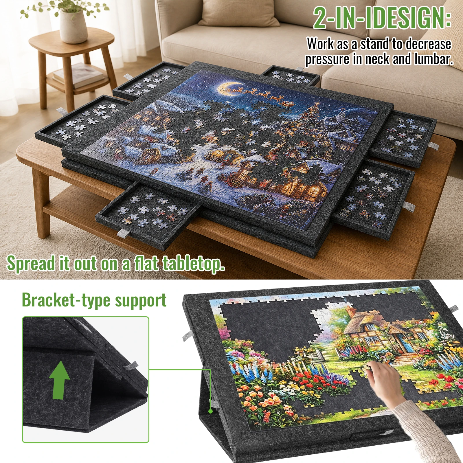 Image of Neigbares Filz-Puzzlebrett mit Schutzhülle, abnehmbaren Sortierschubladen, ergonomisch abgewinkelter Puzzlematten-Plattform zur Vermeidung von Puzzle-Verschiebungen
