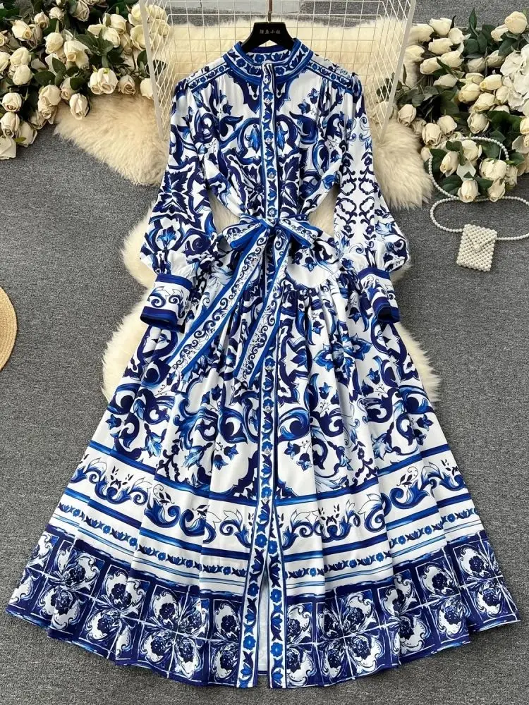 Runway Red Blue And White Porcelain Print Holiday Maxi Dress Women's Stand Single Breasted Loose Lace Up Belt Long Robe Vestido