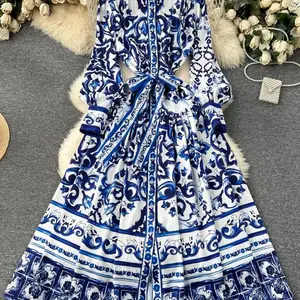 مدرج أحمر أزرق وأبيض طباعة البورسلين عطلة فستان ماكسي المرأة واحدة الصدر فضفاضة الدانتيل حزام رداء طويل اللباس أعلى 6 فساتين زيت أزرق مبيع - رقم 4