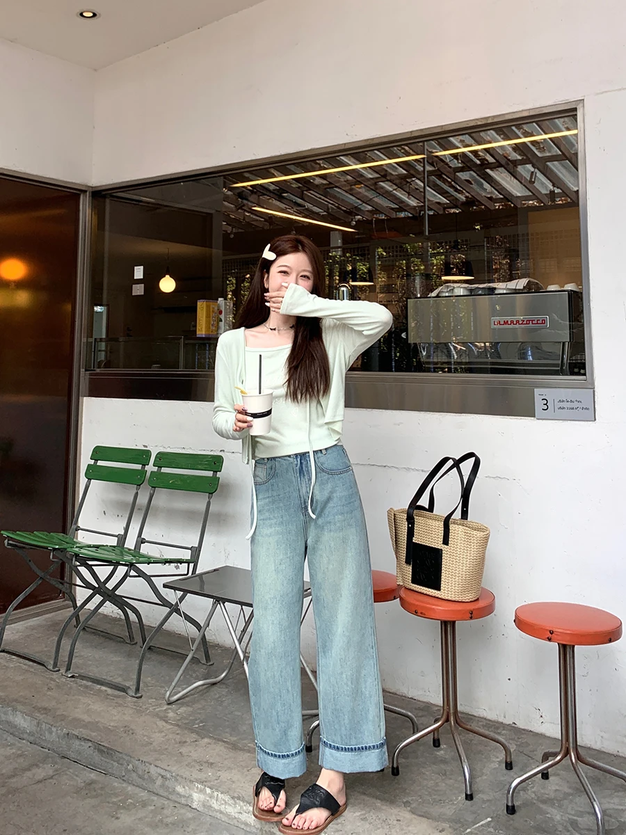 

Летние широкие джинсы Dopne для женщин: повседневные брюки с высокой талией, прямого кроя, светлые, удлиненные, для создания стройного силуэта