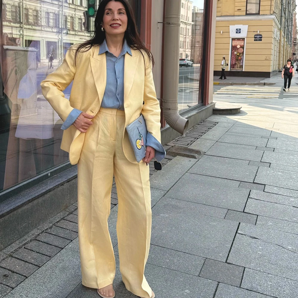 Daily Casual Women Pale Yellow Linen Suit Single Button Tailored 2 Piece Set(Jacket+Pants) Summer Streetwear Office Lady Outfit