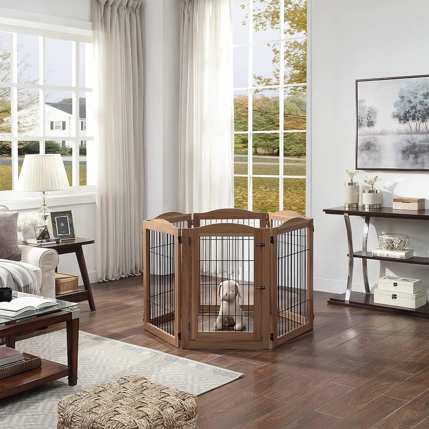 Dog Barriers for Home Free Standing Tall Dog Fence with Walk Through Door Extra Wide Dog Gate and Pet Playpen