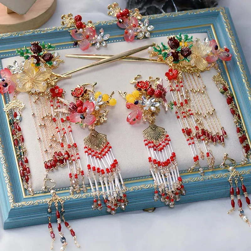 Tiaras chinas de lujo para novia, diadema de flores de Granada roja para novia, tocado de boda, borla, horquillas para el pelo, accesorio