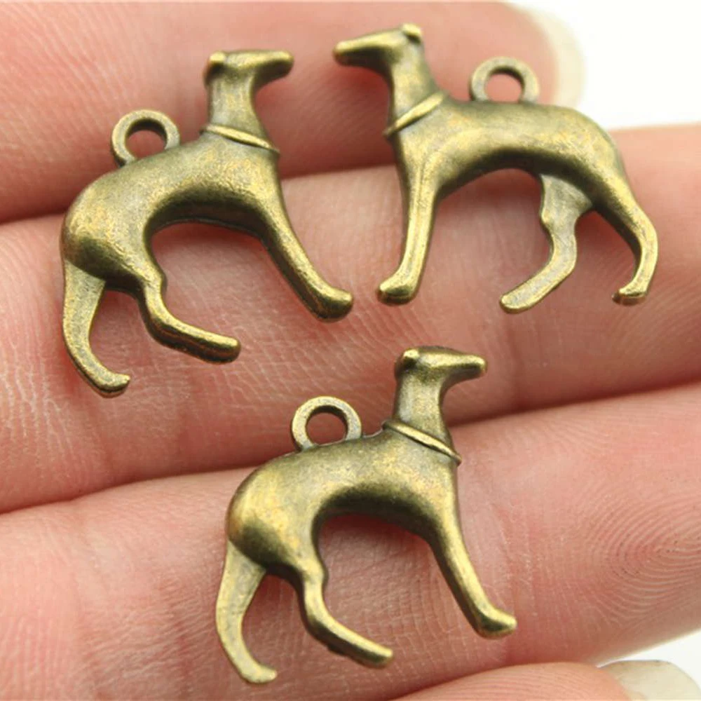 WYSIWYG 10pcs 20x20mm 2 Colors Antique Silver Color Antique Bronze Plated Hound Dog Greyhound Dog Pendant Charm