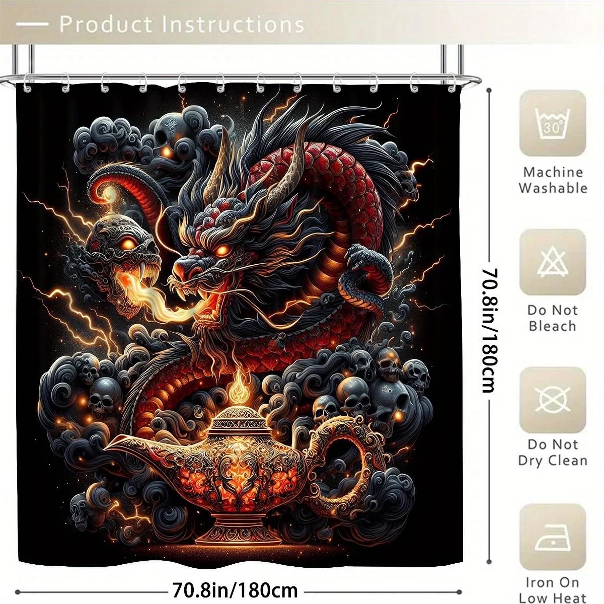 1pc Shower Curtain - Mythical Dragon and Skulls Design for a Dramatic Bathroom Waterproof