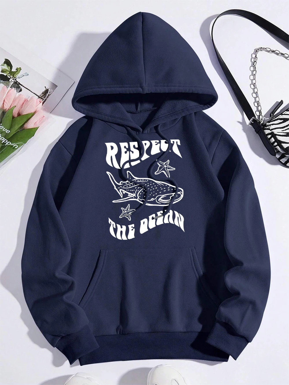 Respect The Ocean Protecting Whales Men Women Clothes Cute Warm Loose Streetwear Pocket Hoodies Pocket Fleece Sportswears Couple