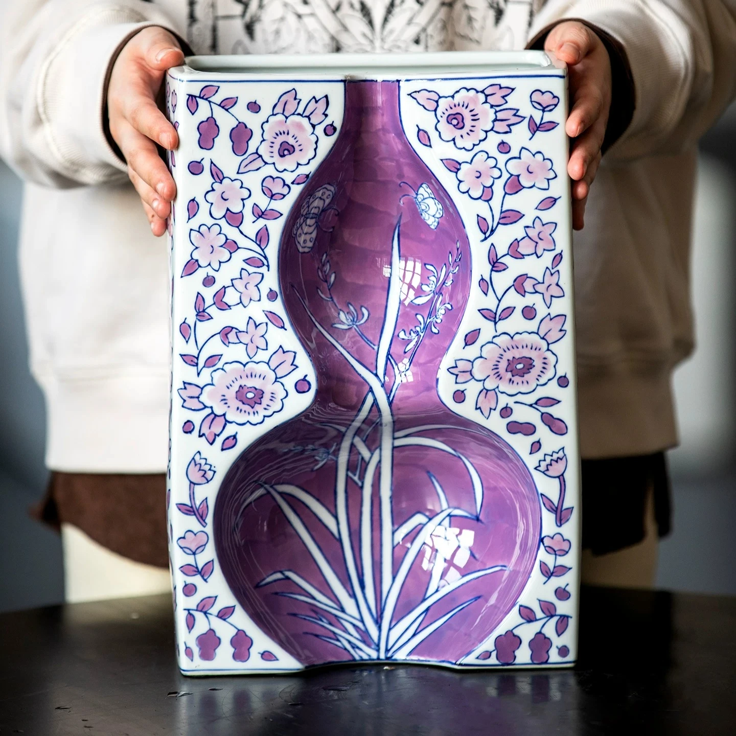 Living Room Gourd Blessing Vase Ceramic Retro Home Decor Purple Entryway Flower Arrangement Ornament