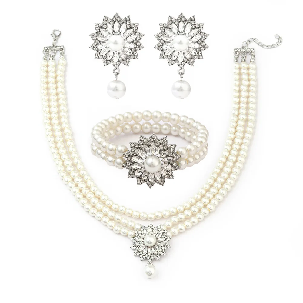 

Sparkling Crystal Flower Pearl Necklace Earrings Bracelet Jewelry Set Fashion Gift for Wedding Brides' Gowns & Formal Occasions