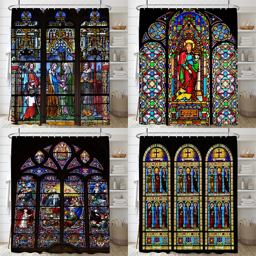 

European Church Painted Art Glass Shower Curtain Modern Nordic Printed Polyster Bathroom Curtain Home Decor Curtain with Hooks