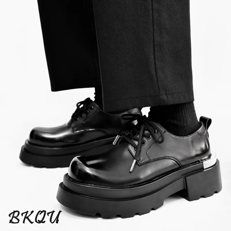 BKQU Thick Soled Derby Shoes Men's Senior Sense Round Head Suit Groom Leather Shoes Black Cargo Shoes British Big Head Shoe Tide