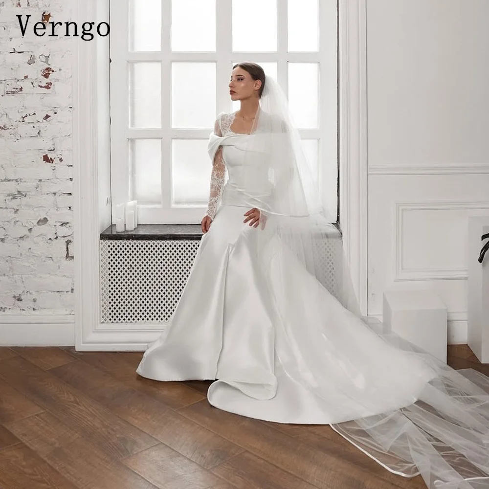 

Verngo lvory Satin Wedding Dress Off The Shoulder Mermaid Bridal Gown Elegant Sweap Train Women Bride Dress Customized