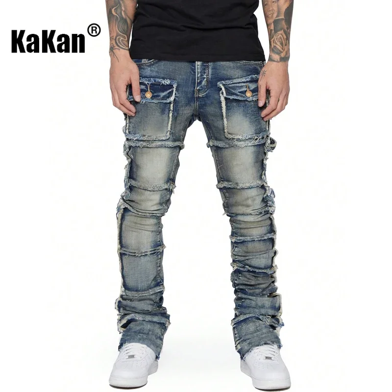 

Kakan - European and American Men's Workwear Straight Leg Jeans, Popular Elastic Patch Pocket Sports Denim Layered Flared Pants