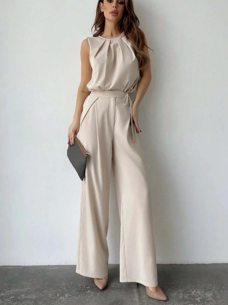 

2026 New solid-color sleeveless wide-leg pants set for women's fashion, elegance and casual two-piece