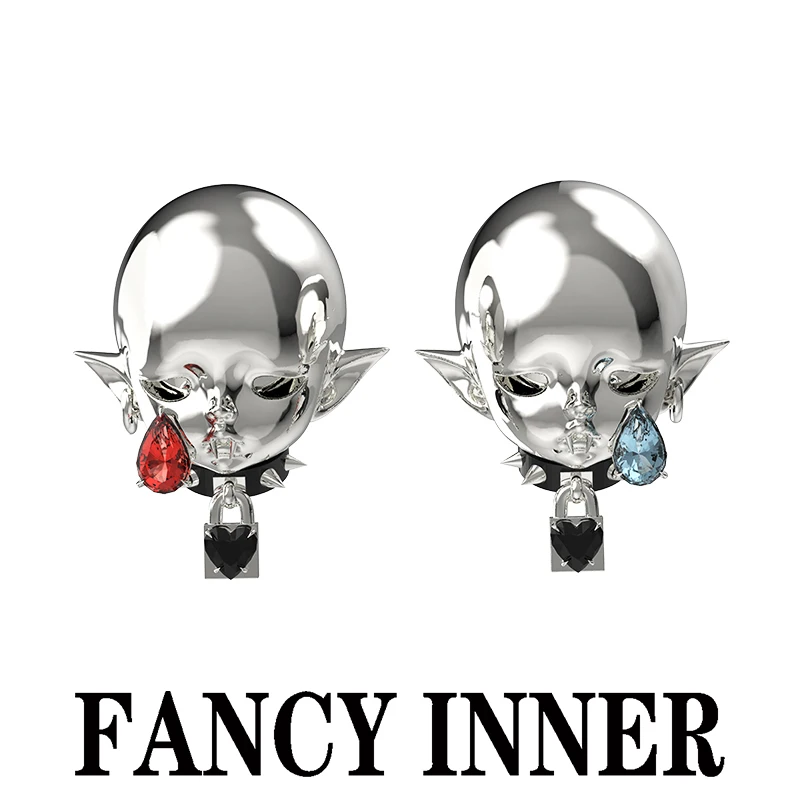 2023 New Demon Stud Earring Rhinestone Heart Cyberpunk Silver Metal Unsex Jewelry for Women Men Couple