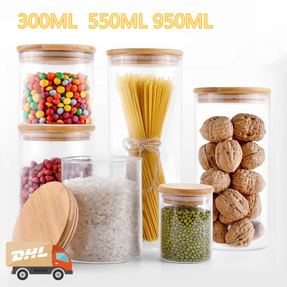 

5pcs Food Storage Sealing Jar Clear Glass Jar Kitchen Organiser Seasoning Bottle For Cookies Beans Coffee Spices Space Saving