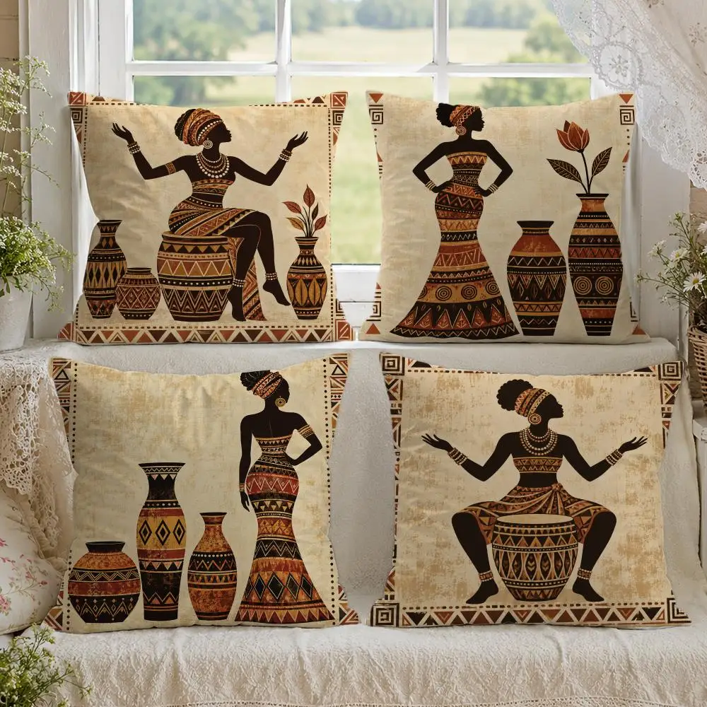 Traditional Culture African Women Cushion Cover 1/4PCS Linen Sofa Couch Bedroom Living Room Home Office Decor Pillow Case