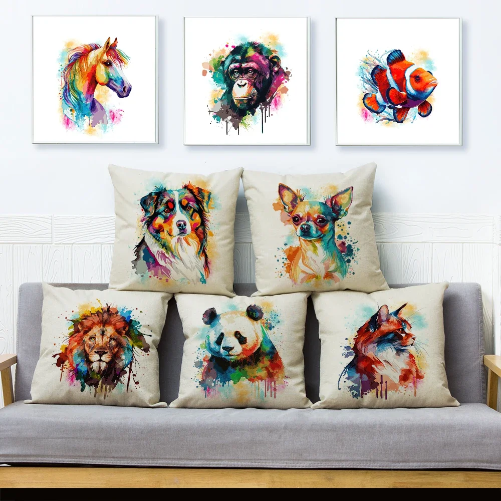 

Watercolor Cat Dog Lion Panda Bird Cushion Cover Decor Cute Animal Pillow Case Linen Pillowcase for Children Room Sofa Home