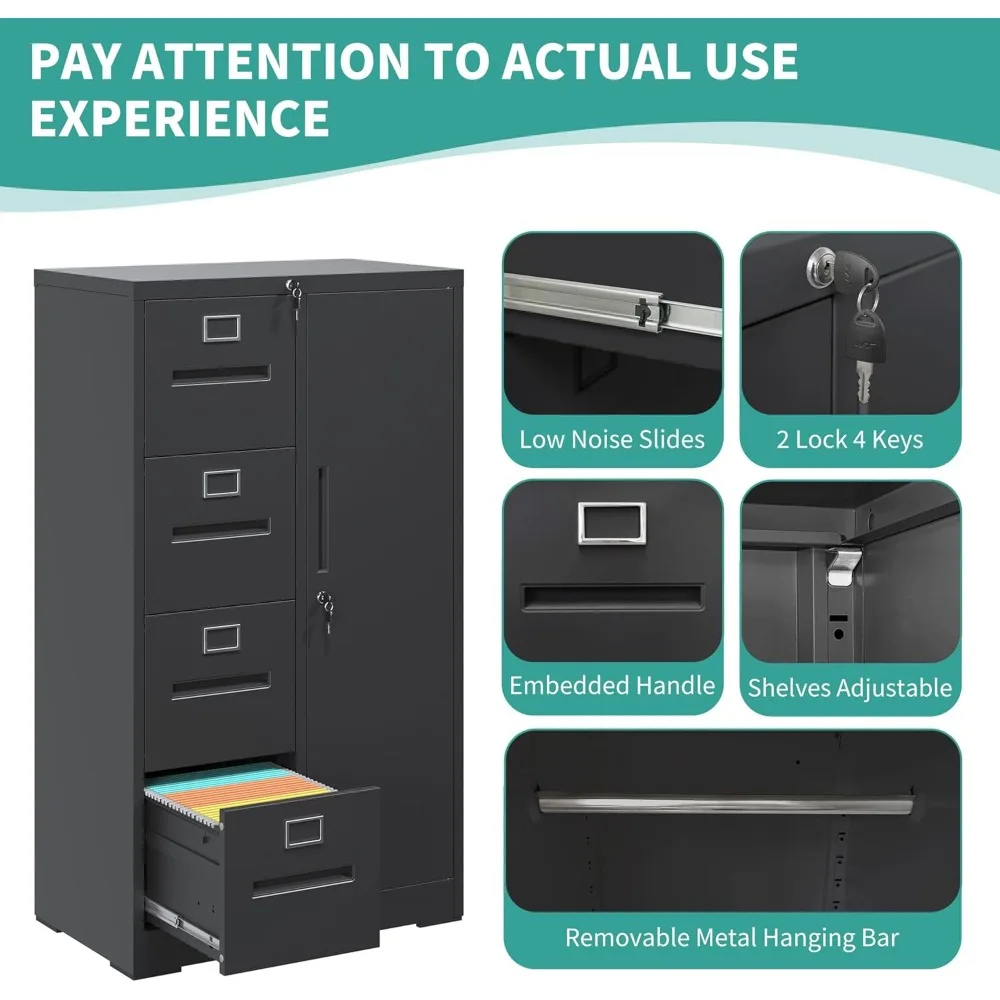 خزانة ملفات عمودية معدنية قابلة للقفل للمكتب المنزلي، خزانة تخزين ذات 4 أدراج مع باب قابل للتعديل وميزات أمان #5