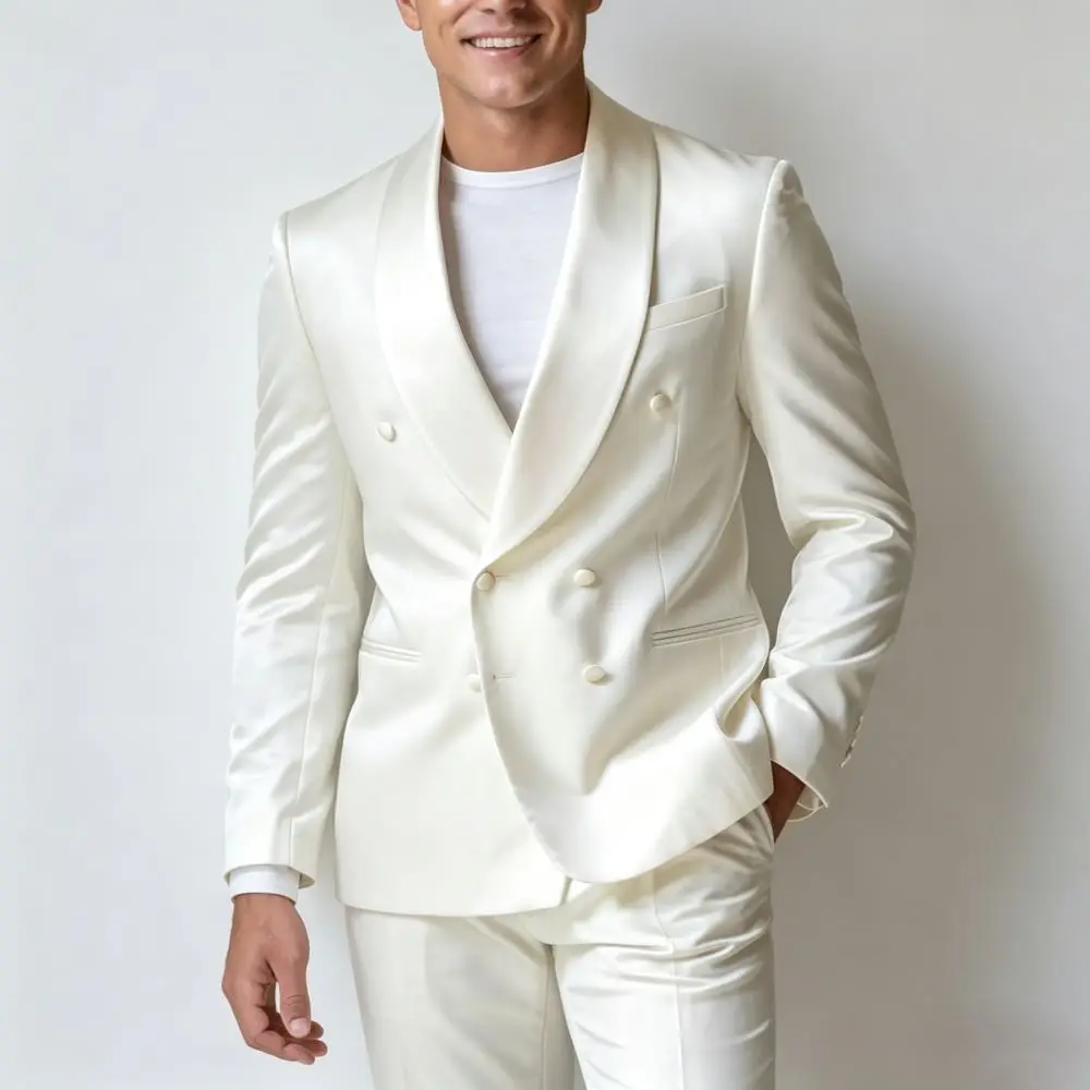 

White Double Breasted Mens Suit 2 Piece Slim Fit Wedding Tuxedo Premium Fabric Flap Pockets Formal Blazer Pants Groom Prom
