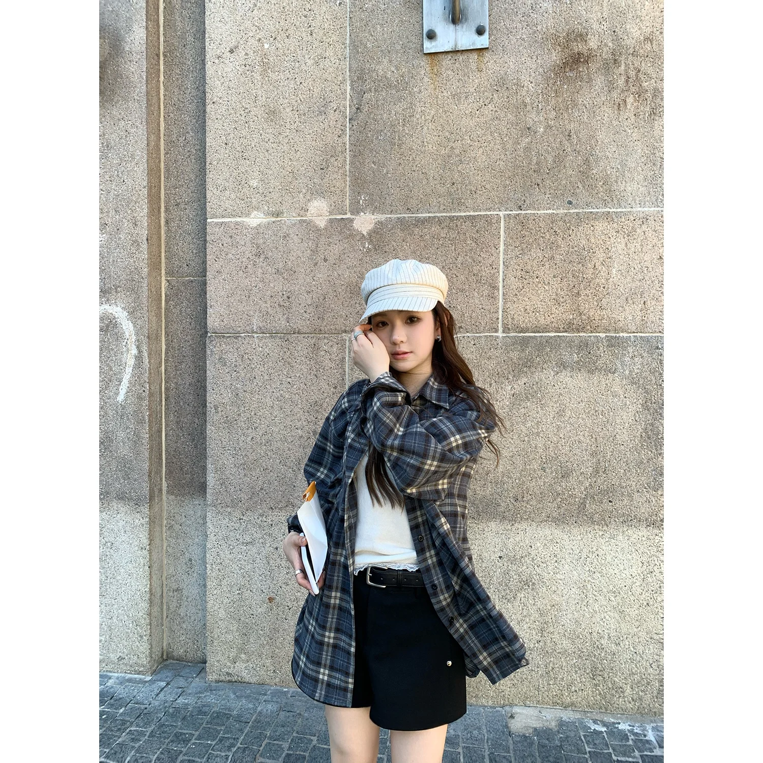 

Синяя клетчатая свободная женская верхняя одежда в стиле ретро, дышащая, с длинными рукавами, осень 2026, Y Studio, премиум-класс