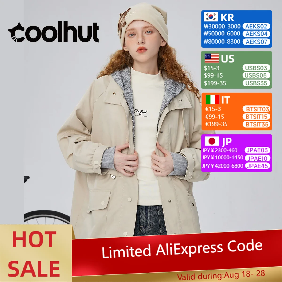 

COOLHUT женский плащ с капюшоном и длинными рукавами 2025, средней длины, свободная посадка, искусственная верхняя одежда из двух предметов, уличная куртка с контрастной вставкой