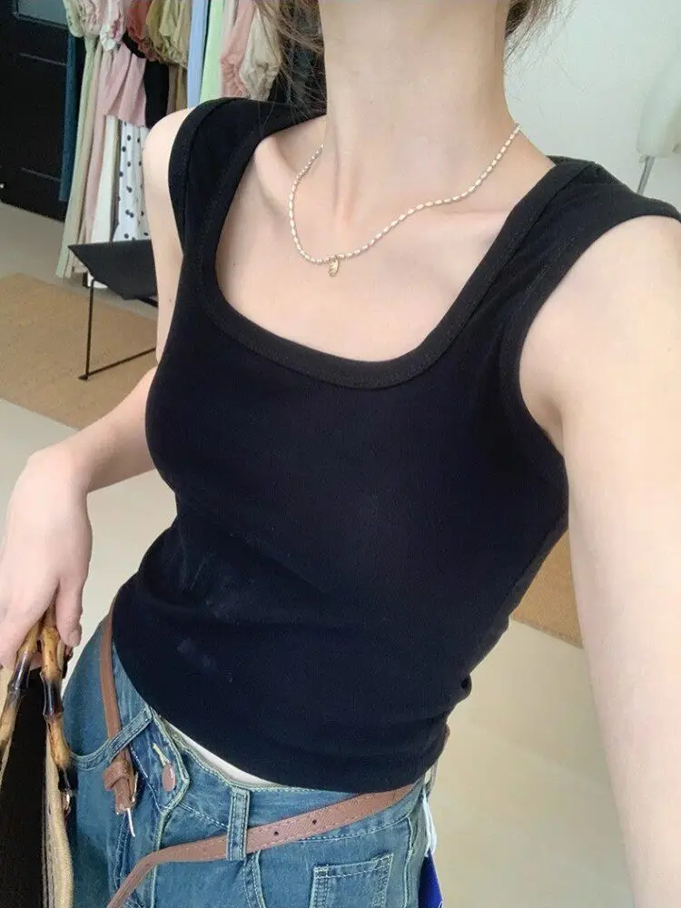 Stylish Square Collar Short Sleeveless Vest Women's Sporty Slim Fit Summer Hot Girl Anti-Light Work out Strap Outerwear